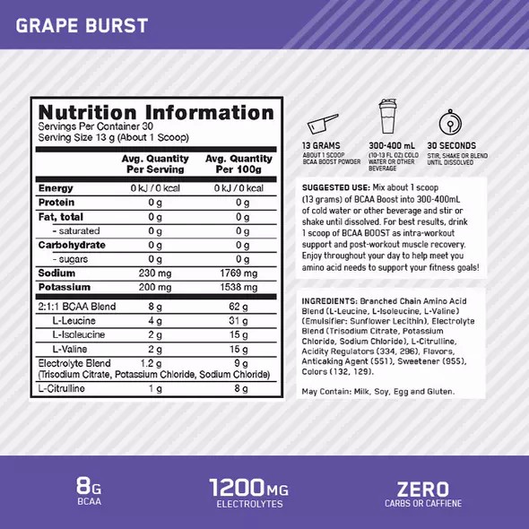 Optimum Nutrition BCAA Boost Grape 30 Serves | 87601PNIX