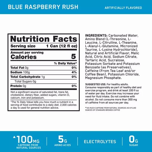 Optimum Nutrition ESSENTIAL AMIN.O. ENERGY+ Electrolytes Sparkling *new* Blue Raspberry Rush 355ml * 12 Cans (12 Servings) | 63580DXWL