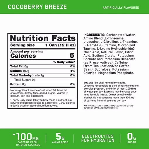 Optimum Nutrition ESSENTIAL AMIN.O. ENERGY+ Electrolytes Sparkling *new* Cocoberry Breeze 355ml * 12 Cans (12 Servings) | 30176GXDA