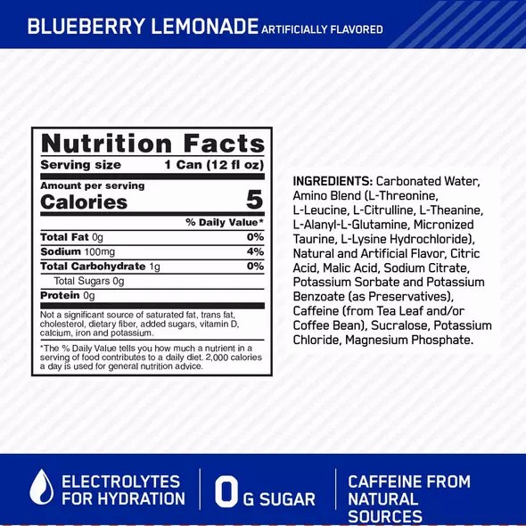 Optimum Nutrition ESSENTIAL AMIN.O. ENERGY+ Electrolytes Sparkling Blueberry Lemonade 355ml * 12 Cans (12 Servings) | 23915TYNC