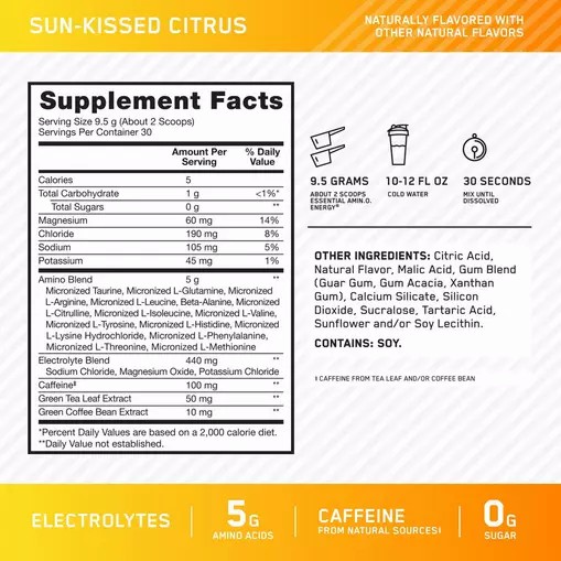 Optimum Nutrition Essential AMIN.O. ENERGY + Electrolytes *new* Sun-kissed Citrus 0.63 lb (30 Servings) | 63947GEBO