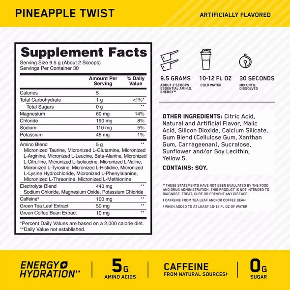 Optimum Nutrition Essential AMIN.O. ENERGY + Electrolytes Pineapple Twist 0.63 lb (30 Servings) | 80197TRSM