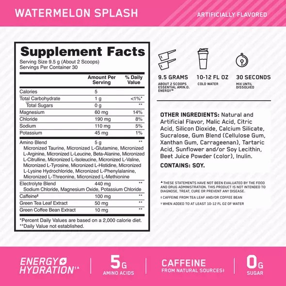 Optimum Nutrition Essential AMIN.O. ENERGY + Electrolytes Watermelon Splash 0.63 lb (30 Servings) | 97183SVHU