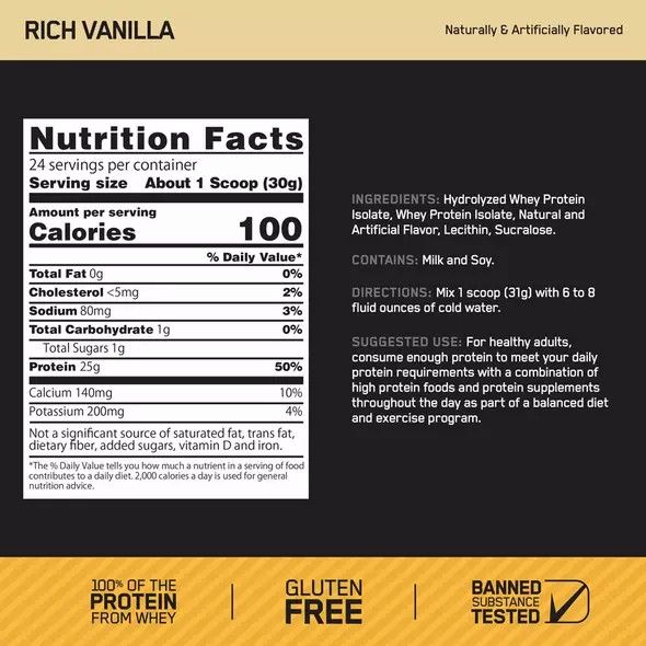 Optimum Nutrition GOLD STANDARD® 100% Isolate Rich Vanilla 2.91 lb (44 Servings) | 41826QIYA