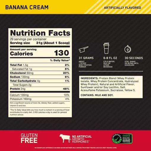 Optimum Nutrition GOLD STANDARD 100% WHEY™ Banana Cream 2 lb (29 Servings) | 80736RDNY