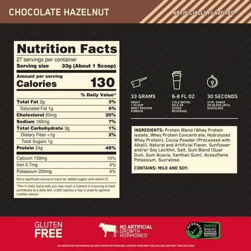 Optimum Nutrition GOLD STANDARD 100% WHEY™ Chocolate Hazelnut 2 lb (27 Servings) | 52470MORS