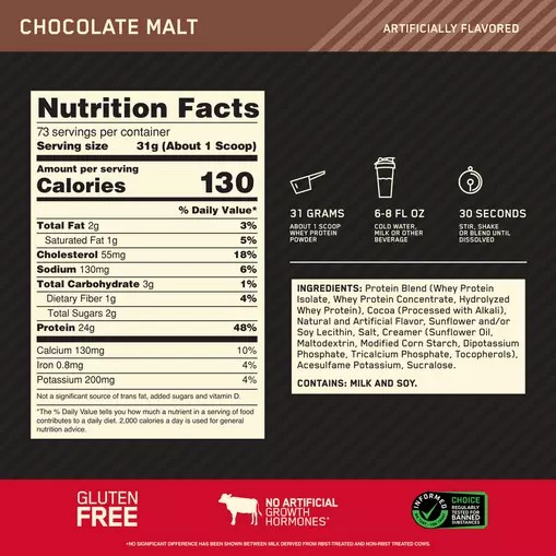 Optimum Nutrition GOLD STANDARD 100% WHEY™ Chocolate Malt 5 lb (73 Servings) | 32175JUDV