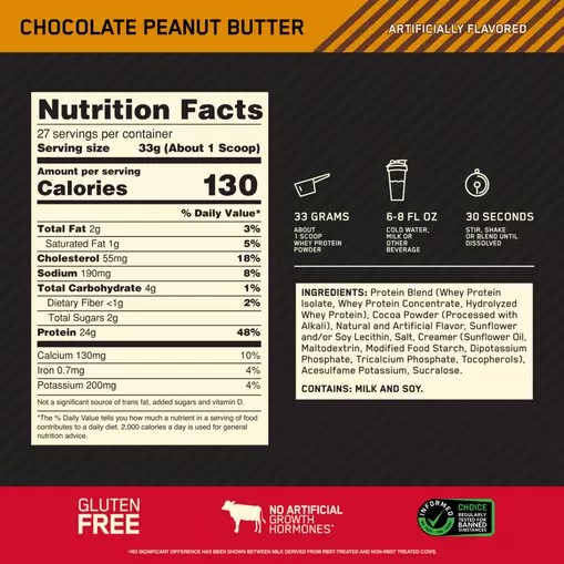 Optimum Nutrition GOLD STANDARD 100% WHEY™ Chocolate Peanut Butter 2 lb (27 Servings) | 19374EADQ