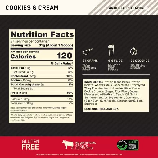 Optimum Nutrition GOLD STANDARD 100% WHEY™ Cookies & Cream 2 lb (27 Servings) | 48152CHUX