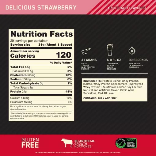 Optimum Nutrition GOLD STANDARD 100% WHEY™ Delicious Strawberry 2 lb (29 Servings) | 74609BGYS