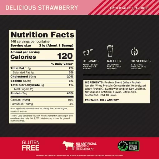 Optimum Nutrition GOLD STANDARD 100% WHEY™ Delicious Strawberry 10 lb (146 Servings) | 79318KIPL