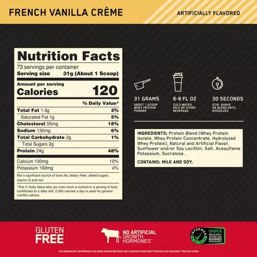 Optimum Nutrition GOLD STANDARD 100% WHEY™ French Vanilla Creme 5 lb (73 Servings) | 61308JUIZ