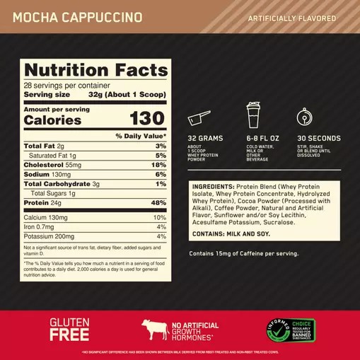 Optimum Nutrition GOLD STANDARD 100% WHEY™ Mocha Cappuccino 2 lb (28 Servings) | 17039WHDB