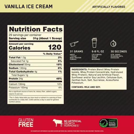 Optimum Nutrition GOLD STANDARD 100% WHEY™ Vanilla Ice Cream 2 lb (29 Servings) | 48509WYSC