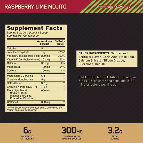 Optimum Nutrition GOLD STANDARD® Pre Advanced Raspberry Lime Mojito 0.88 lb (20 Servings) | 60941FQYN