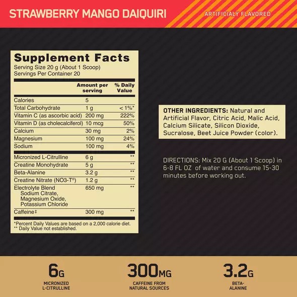 Optimum Nutrition GOLD STANDARD® Pre Advanced Strawberry Mango Daiquiri 0.88 lb (20 Servings) | 82907LCRO