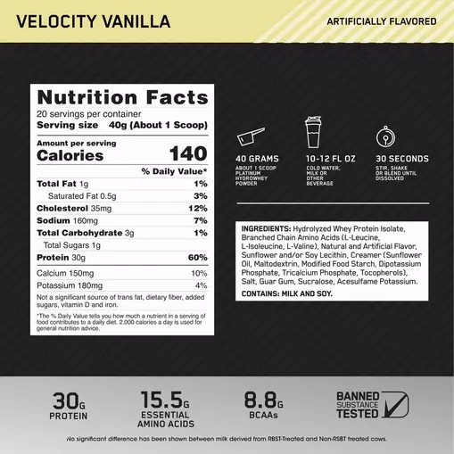 Optimum Nutrition PLATINUM HYDROWHEY™ Velocity Vanilla 1.76 lb (20 Servings) | 07256FWLK