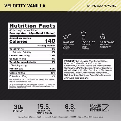 Optimum Nutrition PLATINUM HYDROWHEY™ Velocity Vanilla 3.52 lb (40 Servings) | 39652TEZO