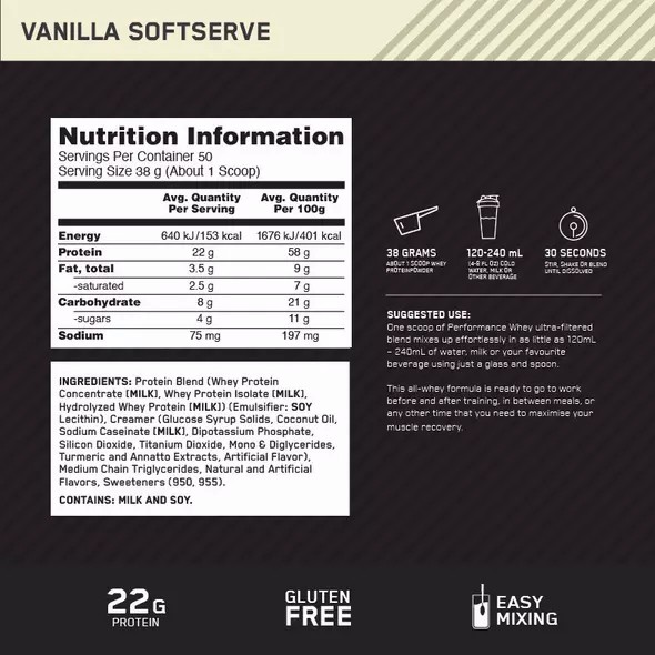 Optimum Nutrition Performance Whey Vanilla 1.95kg | 62473DZSN