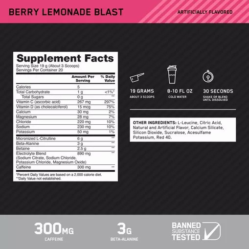 Optimum Nutrition Platinum Igniter Berry Lemonade Blast 0.84 lb (20 Servings) | 82031JQRM