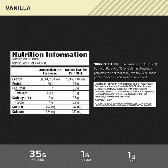 Optimum Nutrition Pure Pro 35 Vanilla 355ml (6 bottles) | 89472OEAU