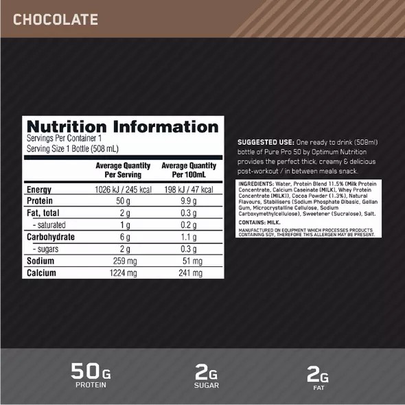 Optimum Nutrition Pure Pro 50 Chocolate 508ml (12 bottles) | 26380CIEL