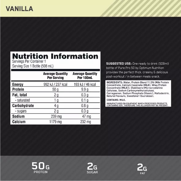 Optimum Nutrition Pure Pro 50 Vanilla 508ml (12 bottles) | 57034ZBWS